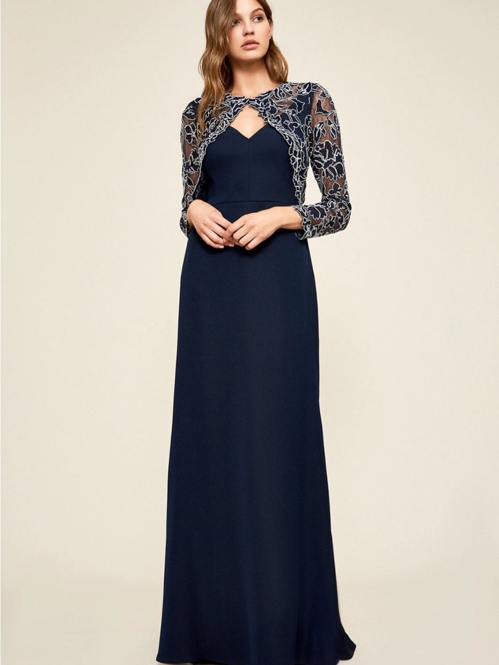 Tadashi Shoji Navy Embroidered Long Sleeve Gown